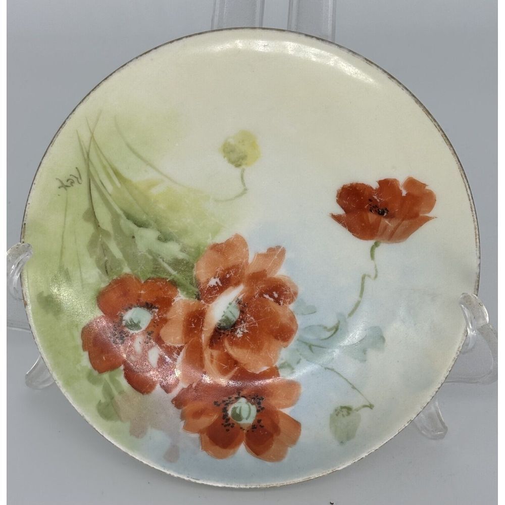 Vintage Silesia Porcelain Dish Plate Hand‎ Painted Poppy Floral Gold Rimmed 6"